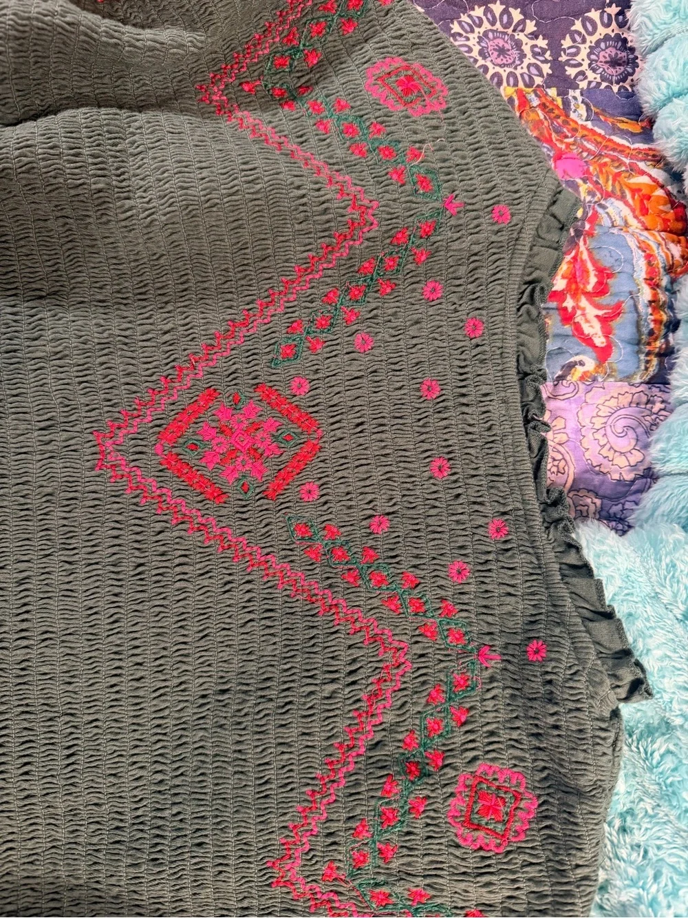 Free People Forest Green Peasant Tunic with Pink and Red Embroidery
